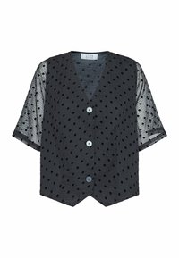 Sort kortærmet bluse med gennemsigtige pletmønstrede ærmer, knaplukning foran og V-hals.
