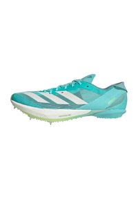 Scarpe da corsa azzurro chiaro con strisce bianche, design elegante, parte superiore testurizzata e tacchetti sulla suola per una maggiore aderenza. Presentano il marchio "LIGHTSTRIKE PRO".