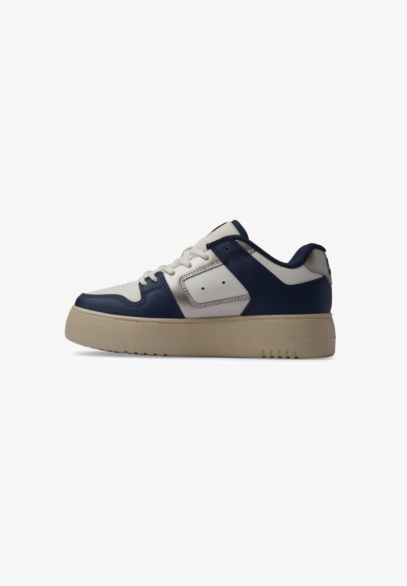 Sneakers med en overdel i navy og hvid læder, teksturerede detaljer, en polstret krave og en kraftig beige gummisål. Klassisk snørebåndsdesign.