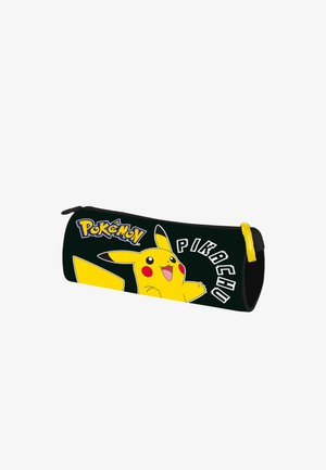 Black pencil case featuring yellow Pikachu graphic with red cheeks, alongside "Pokémon" and "Pikachu" text in white. Yellow zipper accent.