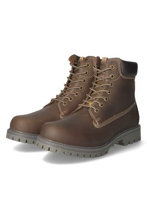 Brown leather ankle boots with laces, padded collar, contrasting stitching, and rugged rubber sole with traction patterns.