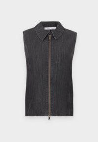 Juoda, be rankovių, džinsinė liemenė su klasikiniu apykakliu, priekine užtrauktuko uždanga, tekstūruota medžiaga ir tiesaus kirpimo dizainu.