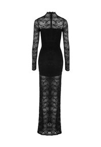 Zwarte kanten jurk met lange mouwen, hoge hals, ritssluiting aan de achterkant en een nauwsluitende pasvorm. Voorzien van bloemmotieven en een zoom tot op de vloer.
