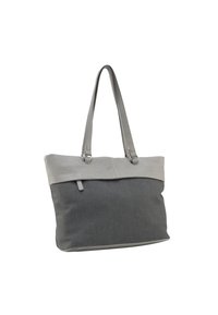 Borsa a spalla grigia caratterizzata da una sezione inferiore in tessuto texture e una parte superiore in pelle liscia, con doppi manici e un design con top piegato.