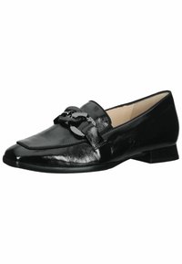 Black patent leather loafers featuring a square toe, decorative chain detail, and low heel for easy wear. Smooth texture and sleek design.