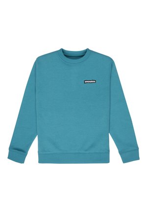 Turkusowa bluza z okrągłym dekoltem, długimi rękawami i małym czarno-białym prostokątnym logo „DCSHOECO” na lewej piersi.