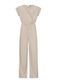 Beige jumpsuit met een wikkelstijl halslijn, korte mouwen, een elastische tailleband en wijde broekspijpen. Gemaakt van lichtgewicht, gestructureerde stof.