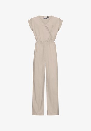 Jumpsuit beige con scollatura avvolgente, maniche corte, vita elastica e pantaloni a gamba larga. Realizzato in tessuto leggero e testurizzato.