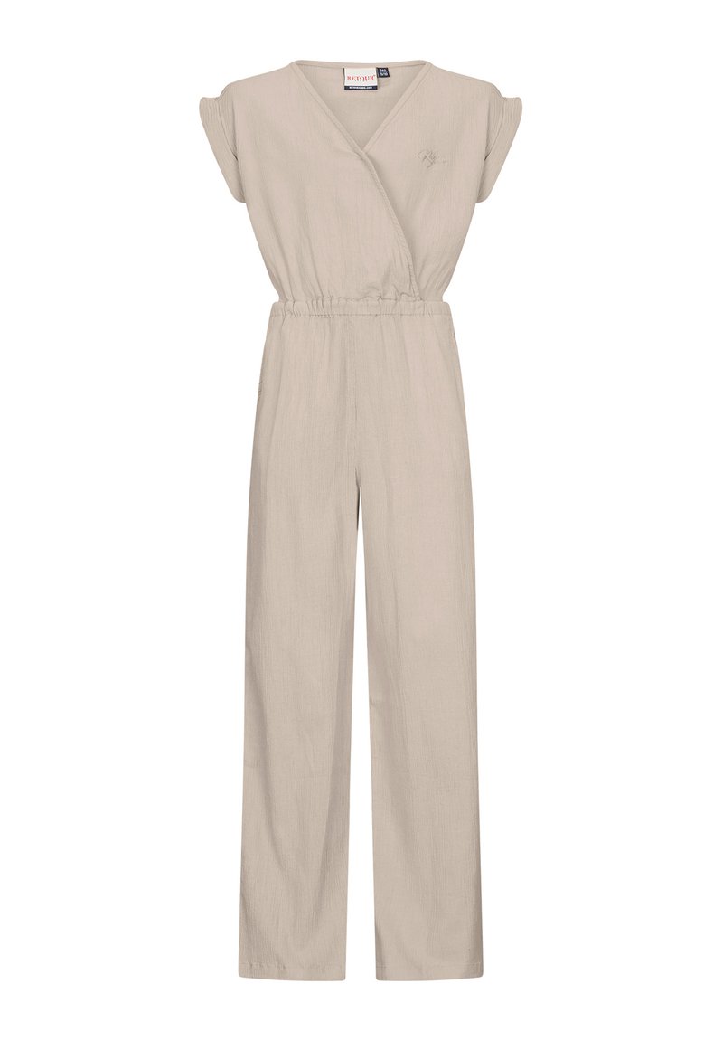 Beige jumpsuit met een wikkelstijl halslijn, korte mouwen, een elastische tailleband en wijde broekspijpen. Gemaakt van lichtgewicht, gestructureerde stof.