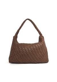 Woven brown handbag with a curved shape, featuring a braided texture, a single handle, and gold-tone hardware accents.