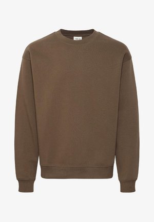 Smeđa majica s okruglim izrezom s dugim rukavima, rebrastim manšetama i donjim rubom, jednobojni dizajn, tkanina s oznakom na vratu.