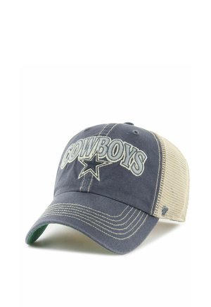 Dunkelblaue und beige Mesh-Baseballkappe mit dem bestickten Schriftzug „COWBOYS“ und Stern-Logo auf der Vorderseite, gebogenem Schirm und kontrastierenden Nähten.