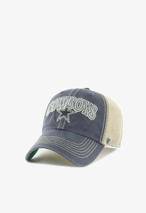 Ciemnoniebieska i beżowa przezroczysta czapka bejsbolowa z wyszytym na przodzie napisem "COWBOYS" i logo w kształcie gwiazdy, zakrzywionym daszkiem i kontrastowym przeszyciem.