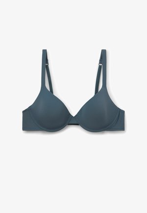 Sujetador con aros en color verde azulado, con copas lisas y acolchadas, tirantes ajustables y cierre de gancho y ojal. Fabricado en material suave y elástico.