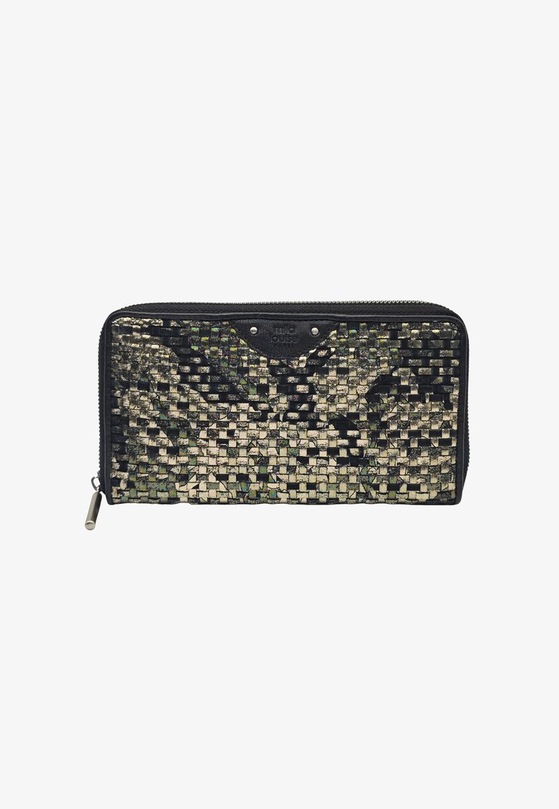 Portefeuille tissé noir et doré métallique avec fermeture éclair, présentant une surface texturée, une forme rectangulaire et une tirette en argent.