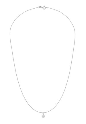 Hõbedast kettkaelakee, millel on ümmargune läbipaistev ripats, sile pind, peened lingid ja turvaline homaarlukk.