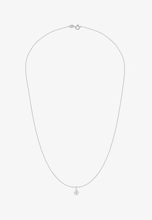 Sølvkæde med et rundt klart vedhæng, glat overflade, fine led og en sikker hummerlås.