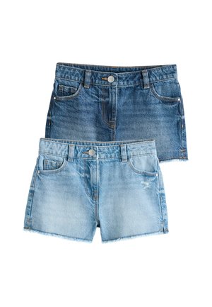 Denim shorts in two shades: dark blue (top) and light blue (bottom). Features include frayed hems, five-pocket style, and metal button closures.