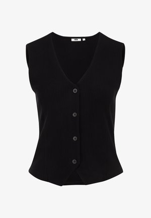 Must mustriba särk, ilma varrukateta, sügava V-kaelusega, millel on viis esimest nööpi ja kergelt laienev ääreosa. Sile tekstuur, mugav disain.