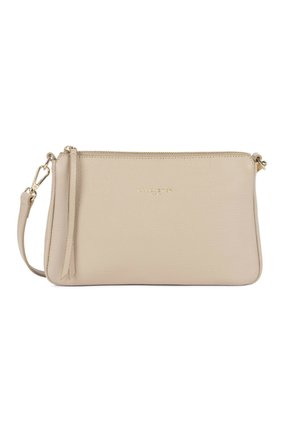 Pochette bracelet en cuir beige avec fermeture éclair dorée, sangle amovible et logo embossé "LANCASTER PARIS" sur le devant.