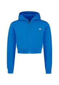 Sweat à capuche court bleu avec fermeture éclair, manches longues, bords-côtes aux poignets et à l'ourlet, et petit logo ovale sur la poitrine gauche.