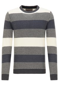 Maglione a righe navy e crema in maglia strutturata. Presenta un collo rotondo e polsini e orlo a coste. Il design alterna bande di colore in orizzontale.