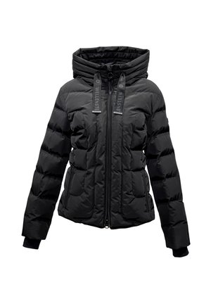 Black puffer jacket with a high collar, zippered front, and elastic cuffs. Features horizontal quilted design and two front pockets.