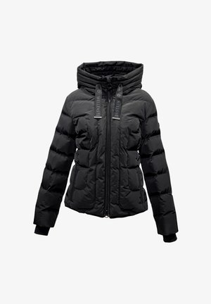 Schwarze Pufferjacke mit hohem Kragen, durchgehendem Reißverschluss und elastischen Bündchen. Besitzt ein horizontal gestepptes Design und zwei Fronttaschen.