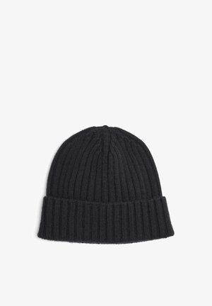 Charcoal knit beanie with a ribbed texture, featuring a folded cuff. Material appears soft, providing warmth and comfort.