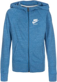 Sudadera con capucha azul con cremallera, hecha de algodón texturizado, con un logo frontal, dos bolsillos laterales y capucha con cordón.