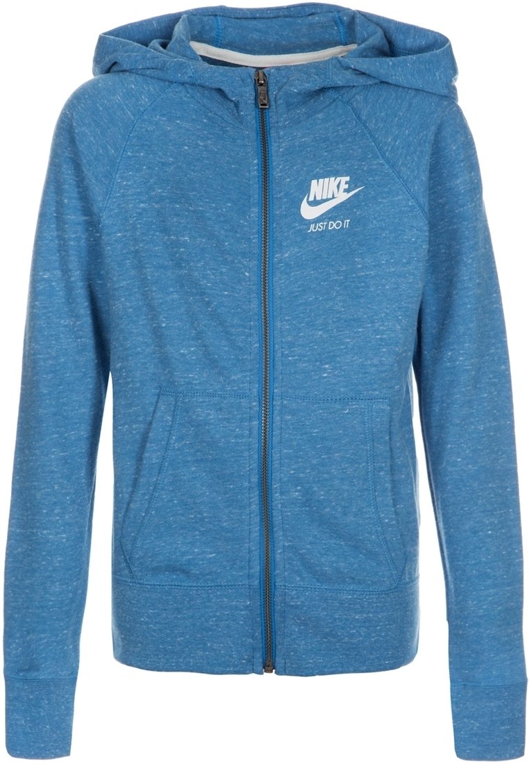 Sudadera con capucha azul con cremallera, hecha de algodón texturizado, con un logo frontal, dos bolsillos laterales y capucha con cordón.