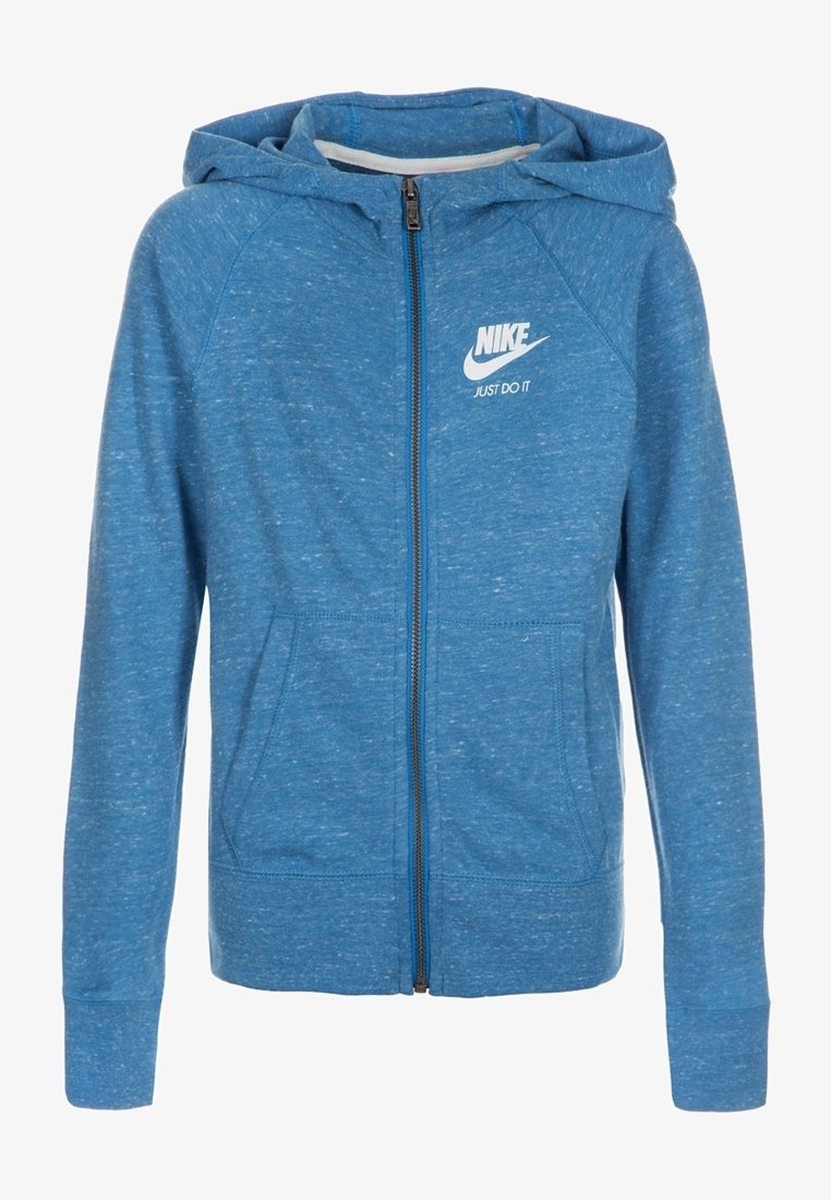 Sudadera con capucha azul con cremallera, hecha de algodón texturizado, con un logo frontal, dos bolsillos laterales y capucha con cordón.