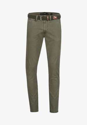 Jeans slim-fit verde oliva con cintura intrecciata testurizzata, fibbia in argento e dettaglio in pelle marrone, dotati di cinque tasche e una finitura liscia.