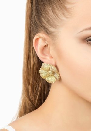 Gold-tone floral earrings featuring textured petals with intricate detailing, set against a neutral background, highlighting their design and color.
