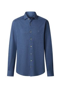 Camisa de hombre de manga larga azul, con botones, cuello y pequeño logotipo bordado en el lado izquierdo del pecho.