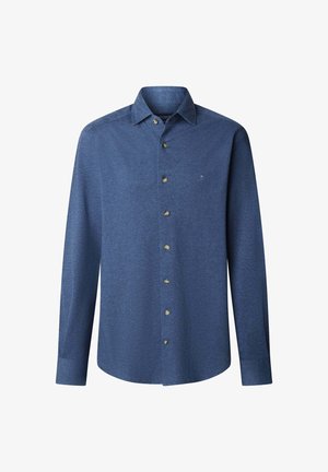 Herren Langarmbluse in Blau mit Kragen und kleinem gesticktem Logo auf der linken Brust.