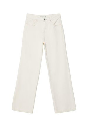 Hvide jeans med vide ben, foran med knap og lynlås, foran og møntlommer, vist fladt på en hvid baggrund.