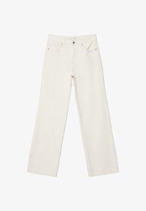 Hvide jeans med vide ben, foran med knap og lynlås, foran og møntlommer, vist fladt på en hvid baggrund.