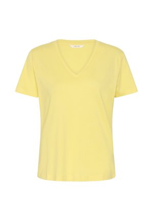 Gul T-shirt med korte ærmer og V-hals med en afslappet pasform på en hvid baggrund.