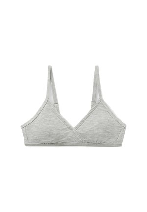 Bralette en coton gris avec des coupes triangulaires, des fines bretelles et un design sans couture. Présente une texture douce et des accents de couture minimaux.