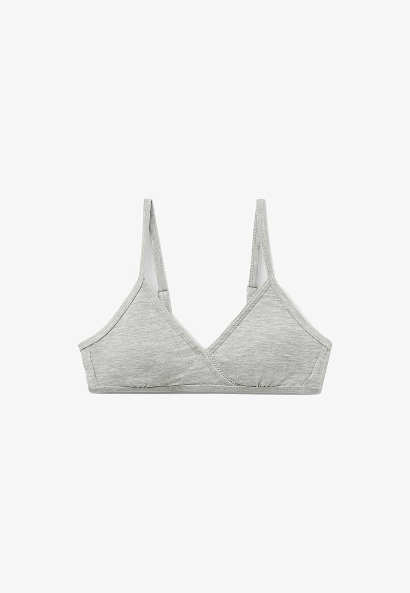 Bralette en coton gris avec des coupes triangulaires, des fines bretelles et un design sans couture. Présente une texture douce et des accents de couture minimaux.