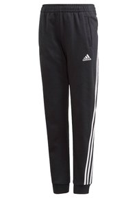Pantalones de chándal negros de algodón con cinturilla elástica, con acentos de tres rayas blancas a lo largo de los laterales y detalle del logo en el frente.