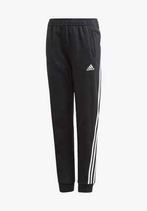 Pantalons de survêtement noirs en coton avec une taille élastique, présentant des accents à trois bandes blanches le long des côtés et un logo sur le devant.