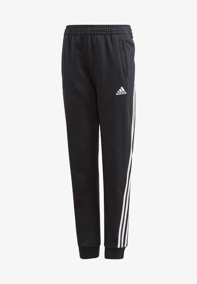 Pantalons de survêtement noirs en coton avec une taille élastique, présentant des accents à trois bandes blanches le long des côtés et un logo sur le devant.