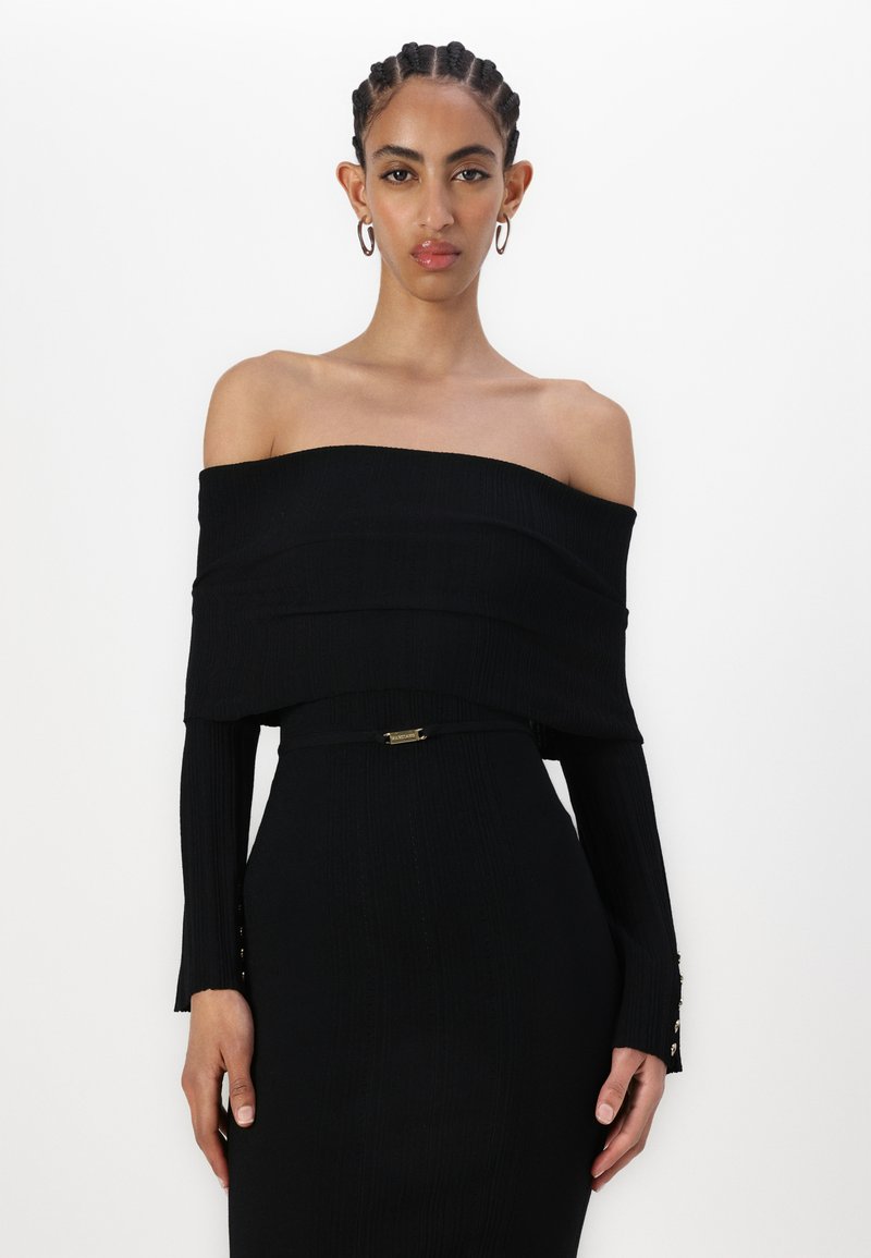 guess black off the shoulder dress Guess Ruched Off-shoulder Mini Dress