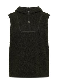 Ärmelloser dunkelgrüner Fleece-Hoodie mit hohem Kragen, Reißverschluss vorne und weichem, strukturiertem Material. Verfügt über ein klares, schlichtes Design.