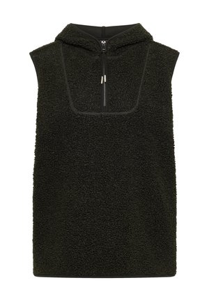 Tmavě zelená fleecová mikina bez rukávů s vysokým límcem, předním zipem a měkkým, texturovaným materiálem. Má čistý, jednoduchý design.