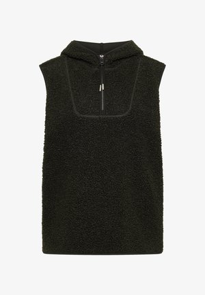 Ärmlös fleece-hoodie i mörkgrönt med hög krage, framsidans dragkedja och mjukt, texturerat material. Har en ren, enkel design.