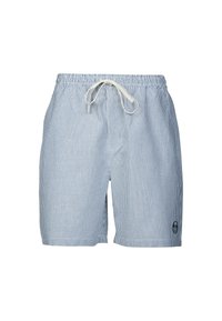 Gestreifte Badeshorts mit blauen und weißen vertikalen Streifen, elastischem Bund mit Kordelzug und kleinem gesticktem Logo an der Seite.
