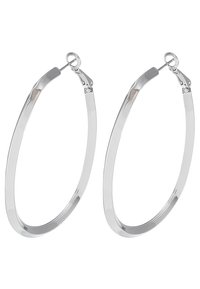 Sidabriniai auskarai žiedai su glotnia, pailga forma, poliruota apdaila ir saugiu užsegimu. Išmatavimas - maždaug 2 coliai skersmens.